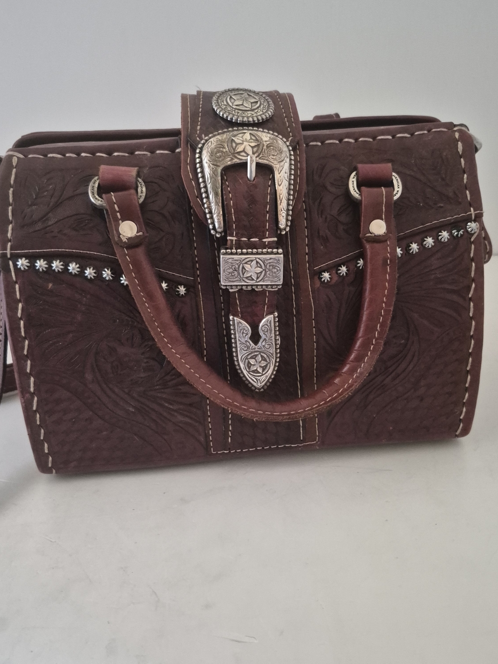 American West Red Rum Color Tooled Leather Handbag